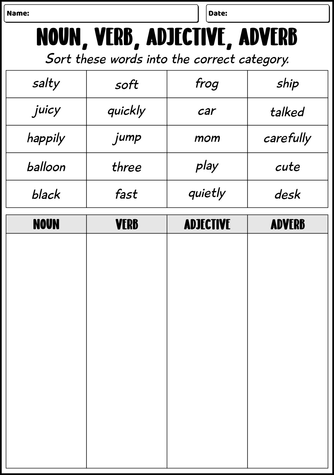 Adjective Verb And Noun Worksheets