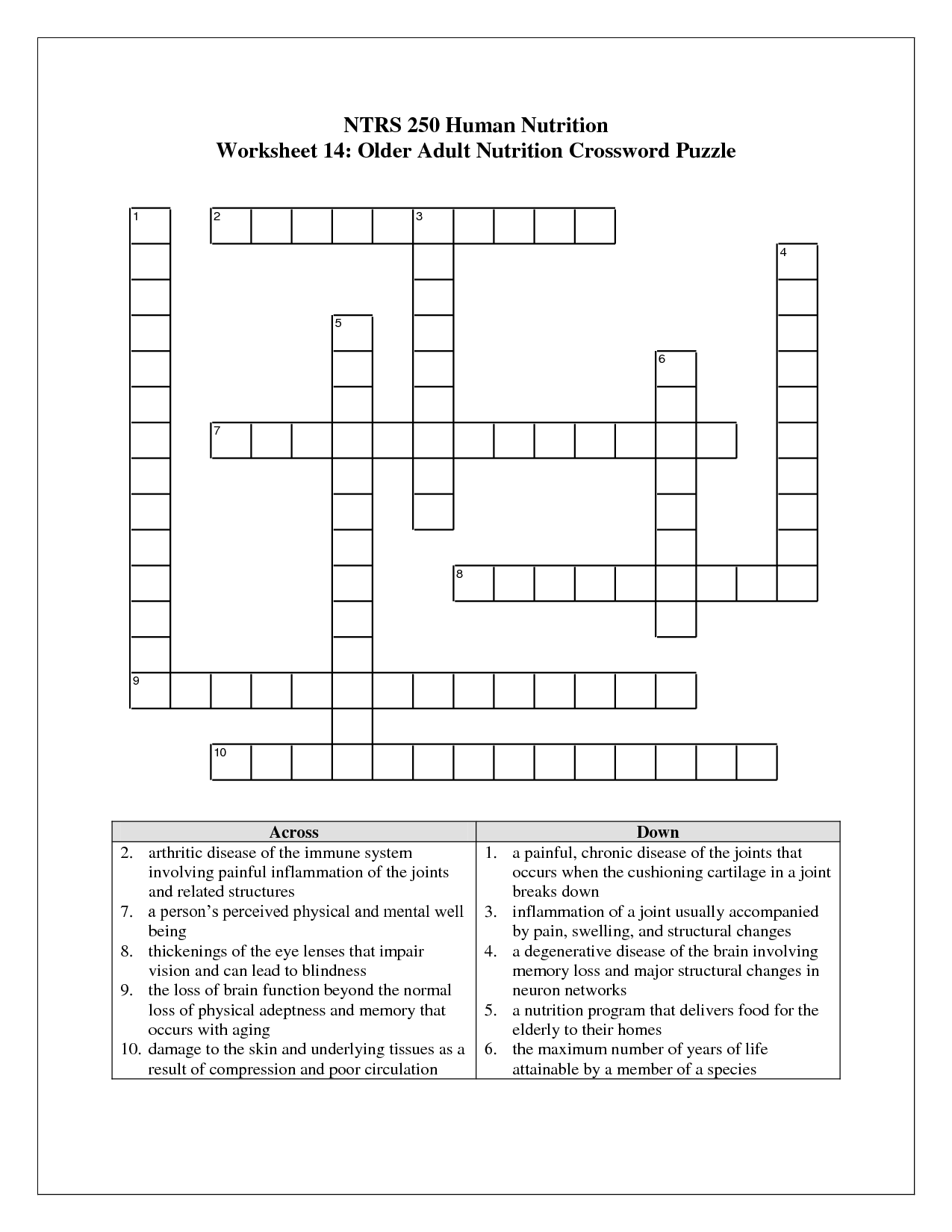 Nutrition Crossword Puzzles for Worksheet
