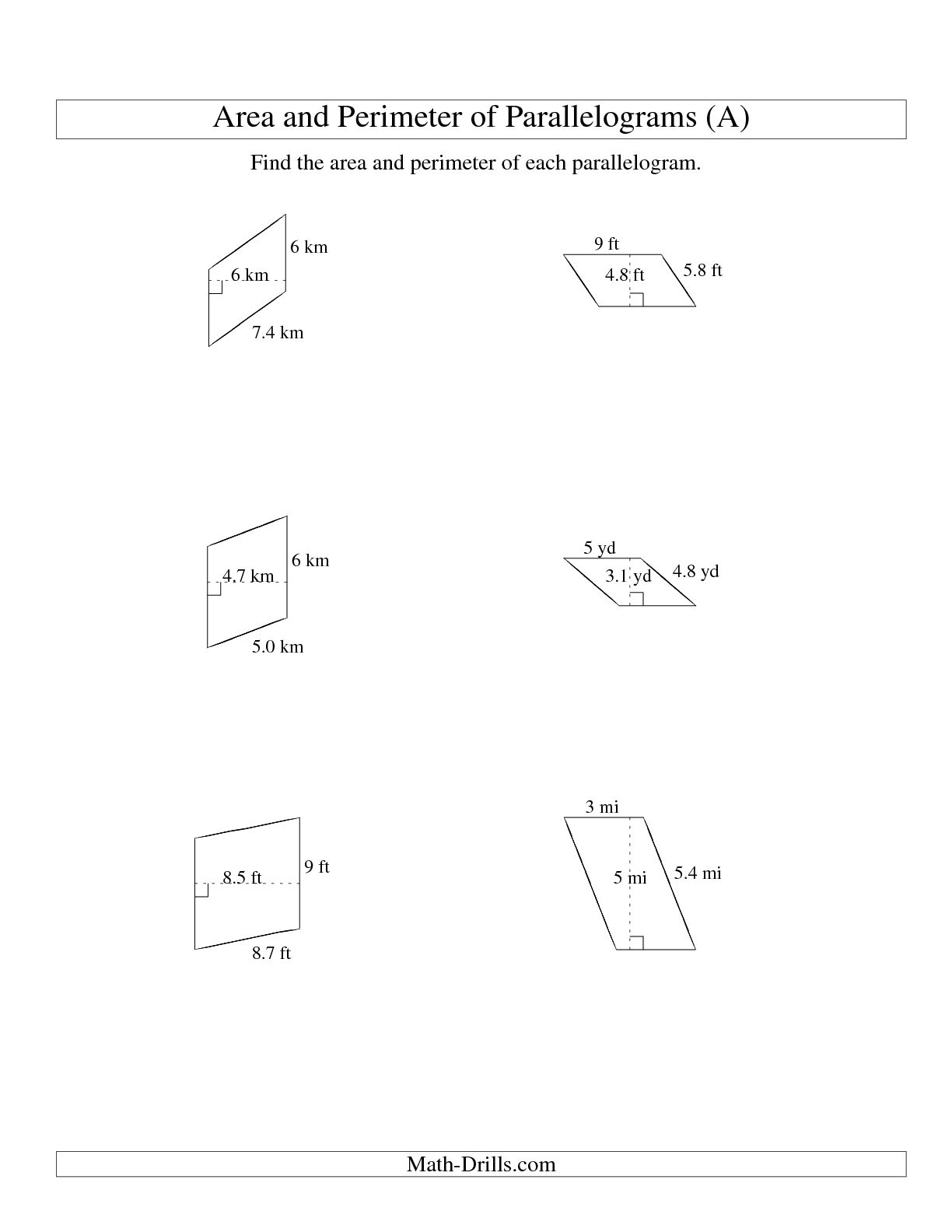 Parallelogram Area and Perimeter Worksheets Image