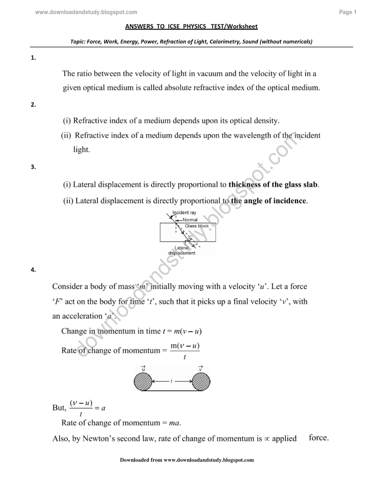 Physics Refraction Worksheet