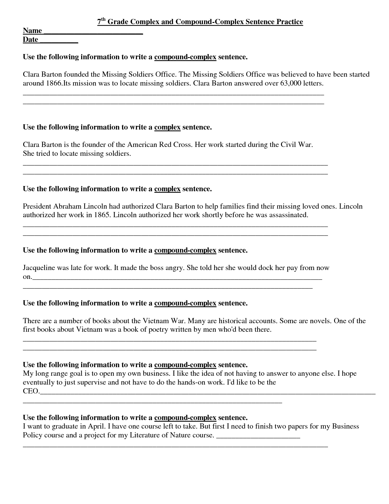 Printable 7th Grade Sentences Worksheets Image