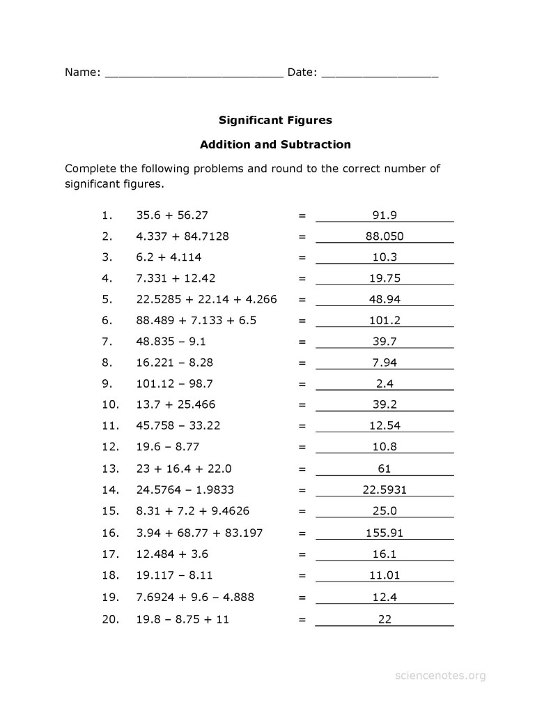 Significant Figures Worksheet and Answer Key