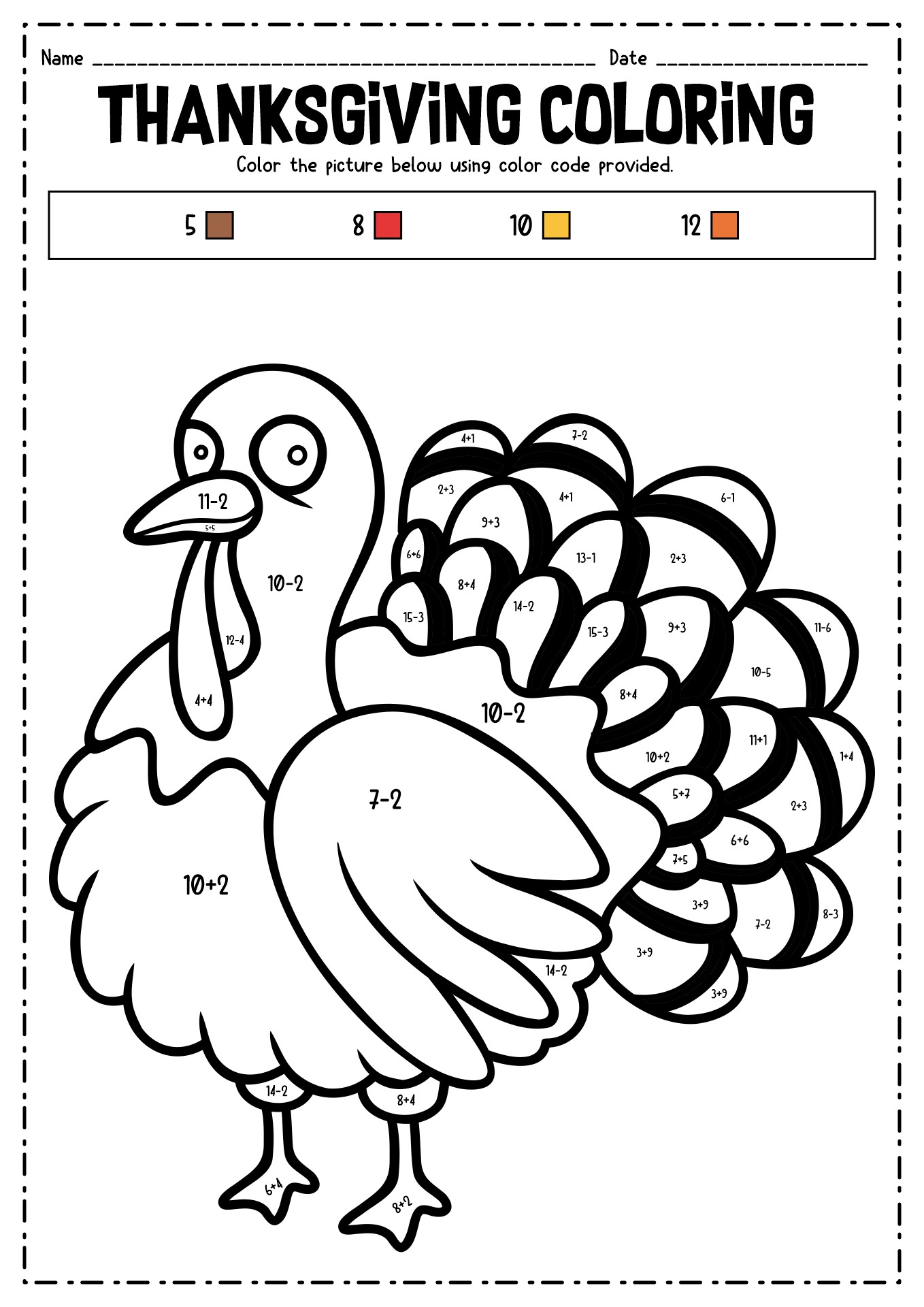 Thanksgiving Color by Numbers Addition and Subtraction