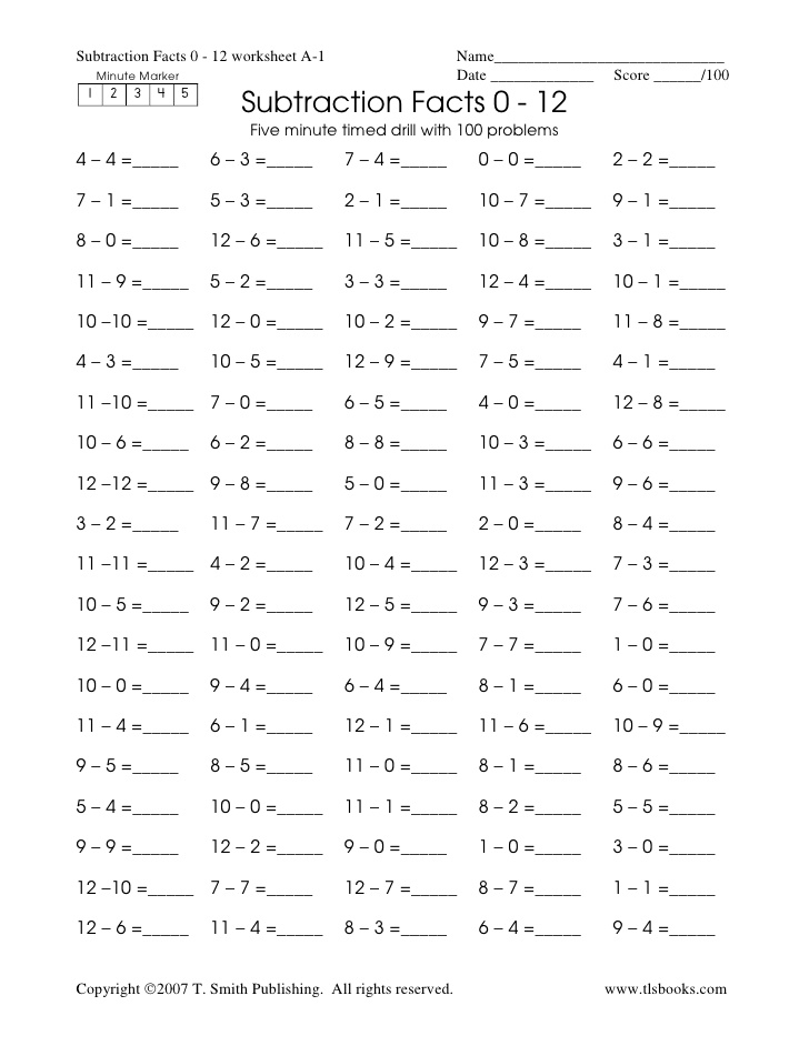 100 Math Facts Subtraction Worksheets Printable