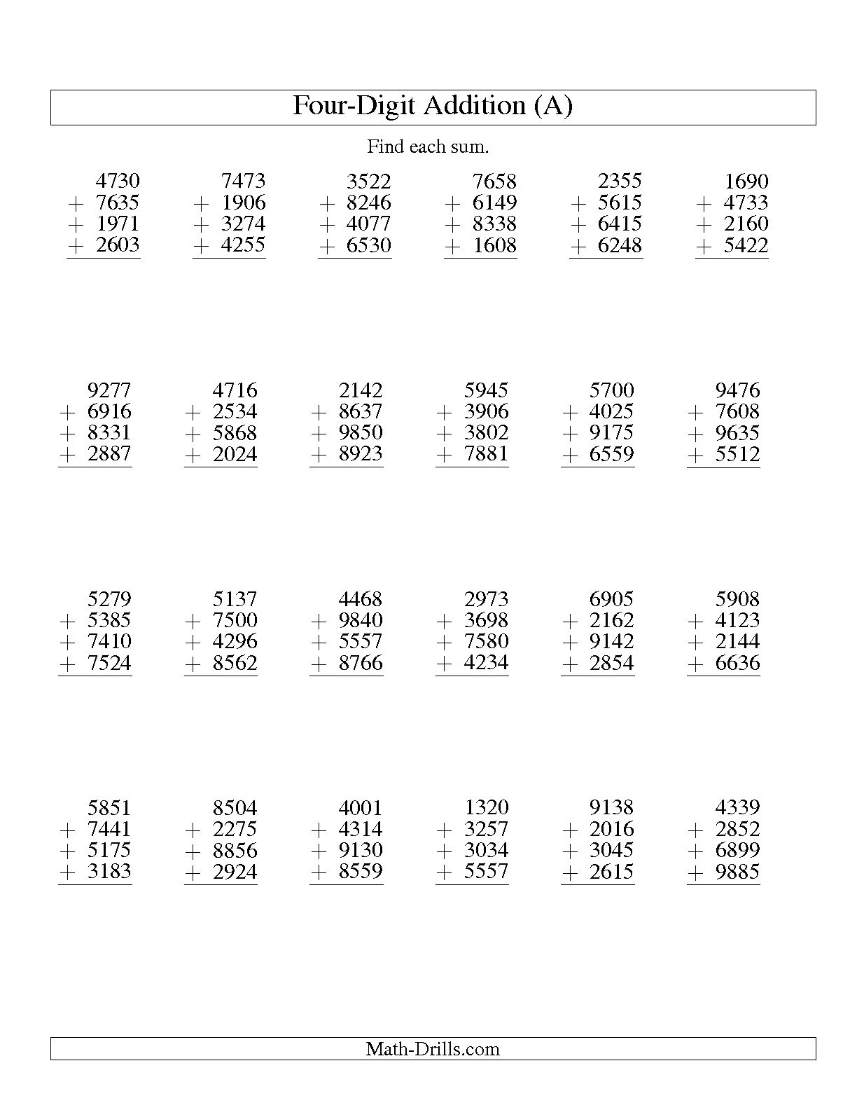 4 Digit Math Addition Worksheets