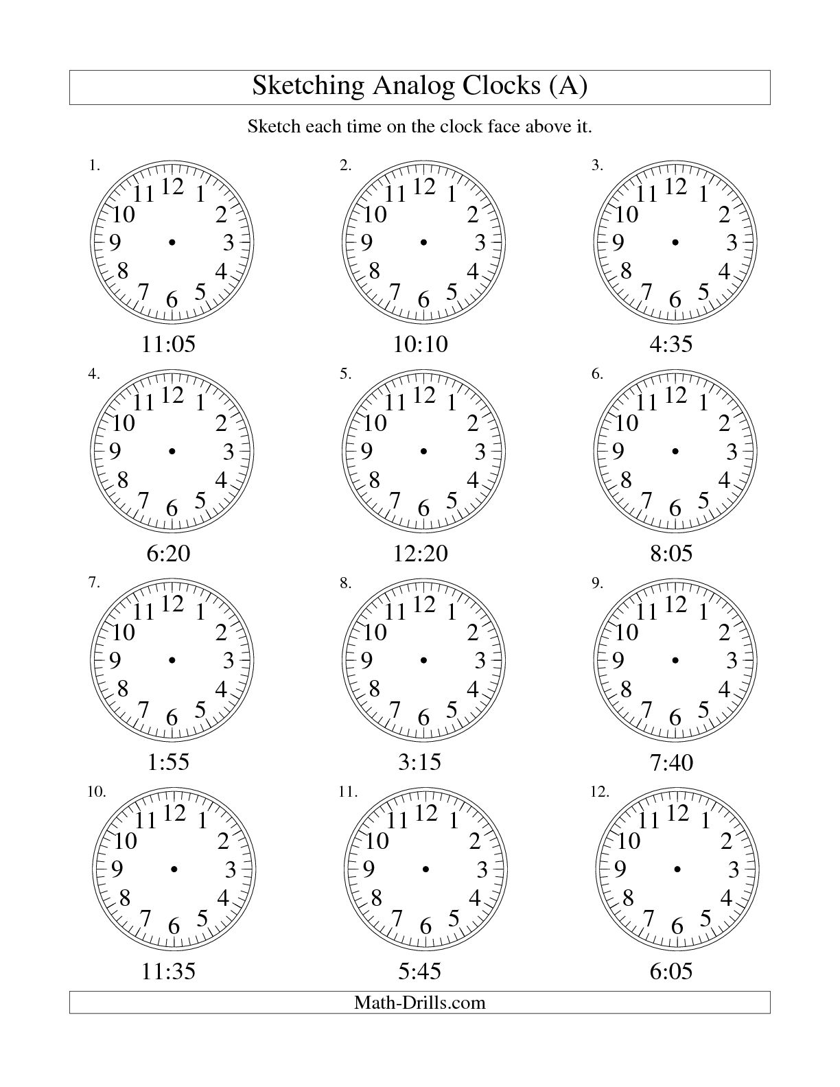 5 Minute Intervals Analog Clock Worksheet With