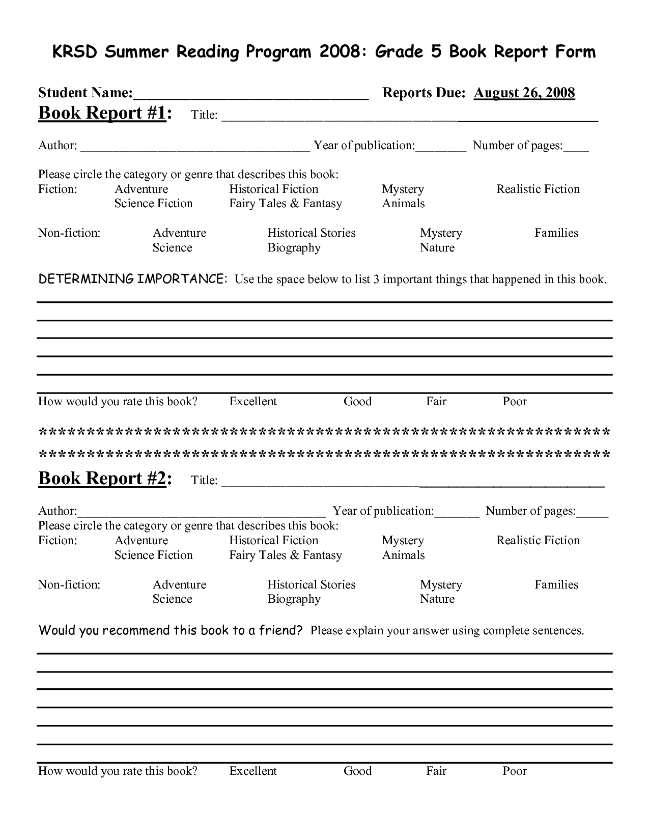 5th Grade Book Report Form Image