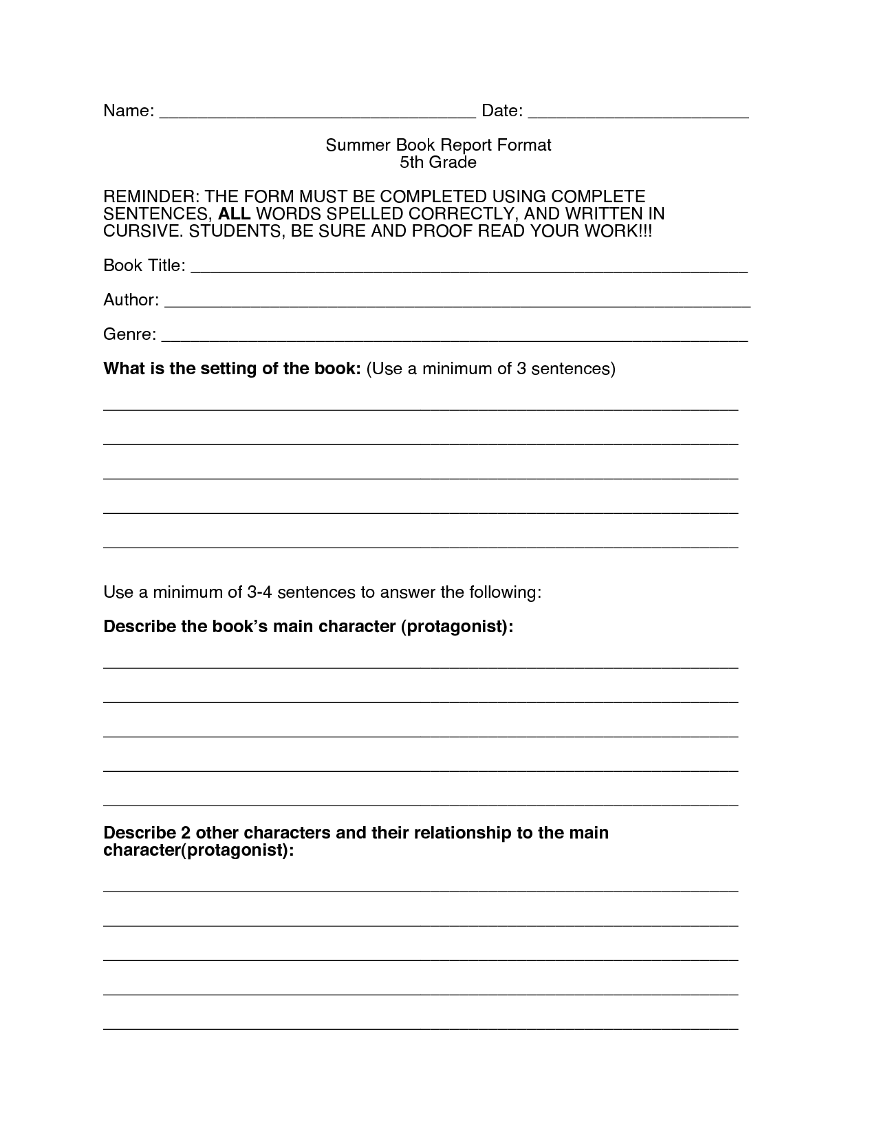 5th grade book report worksheet