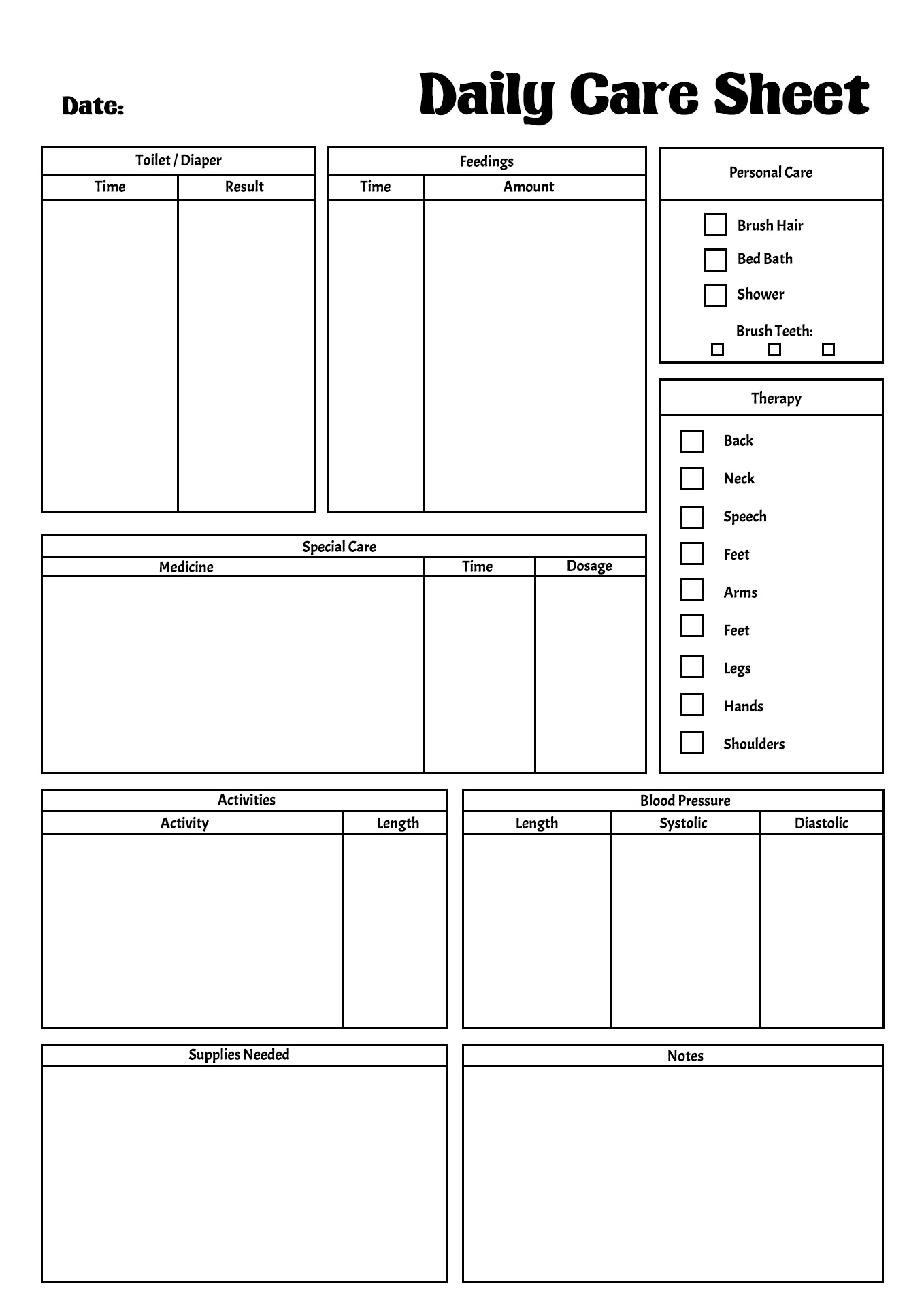 Assisted Living ADL Flow Sheets Printable