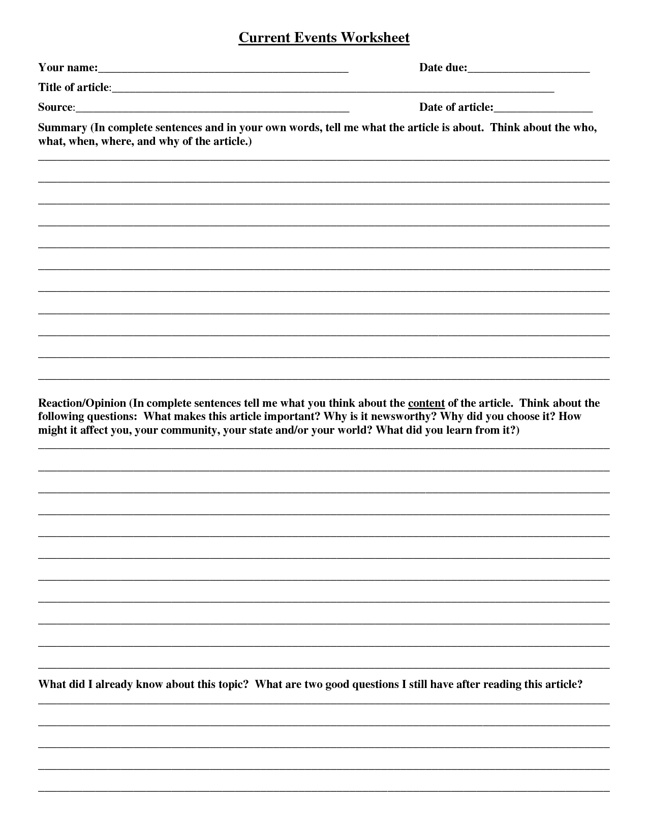 18 Current Events Worksheet Template Elementary /