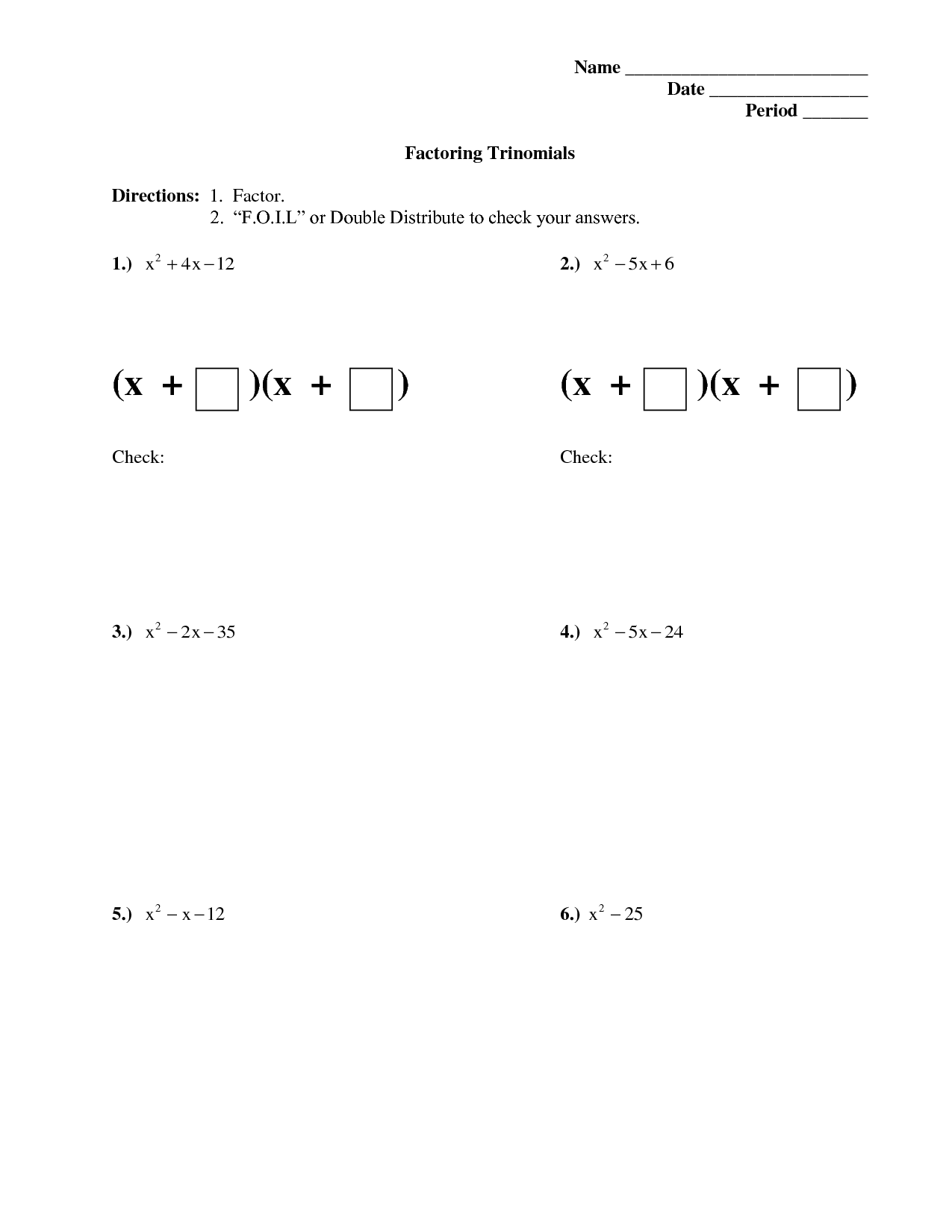 Factoring Quadratic Trinomials Worksheets Image