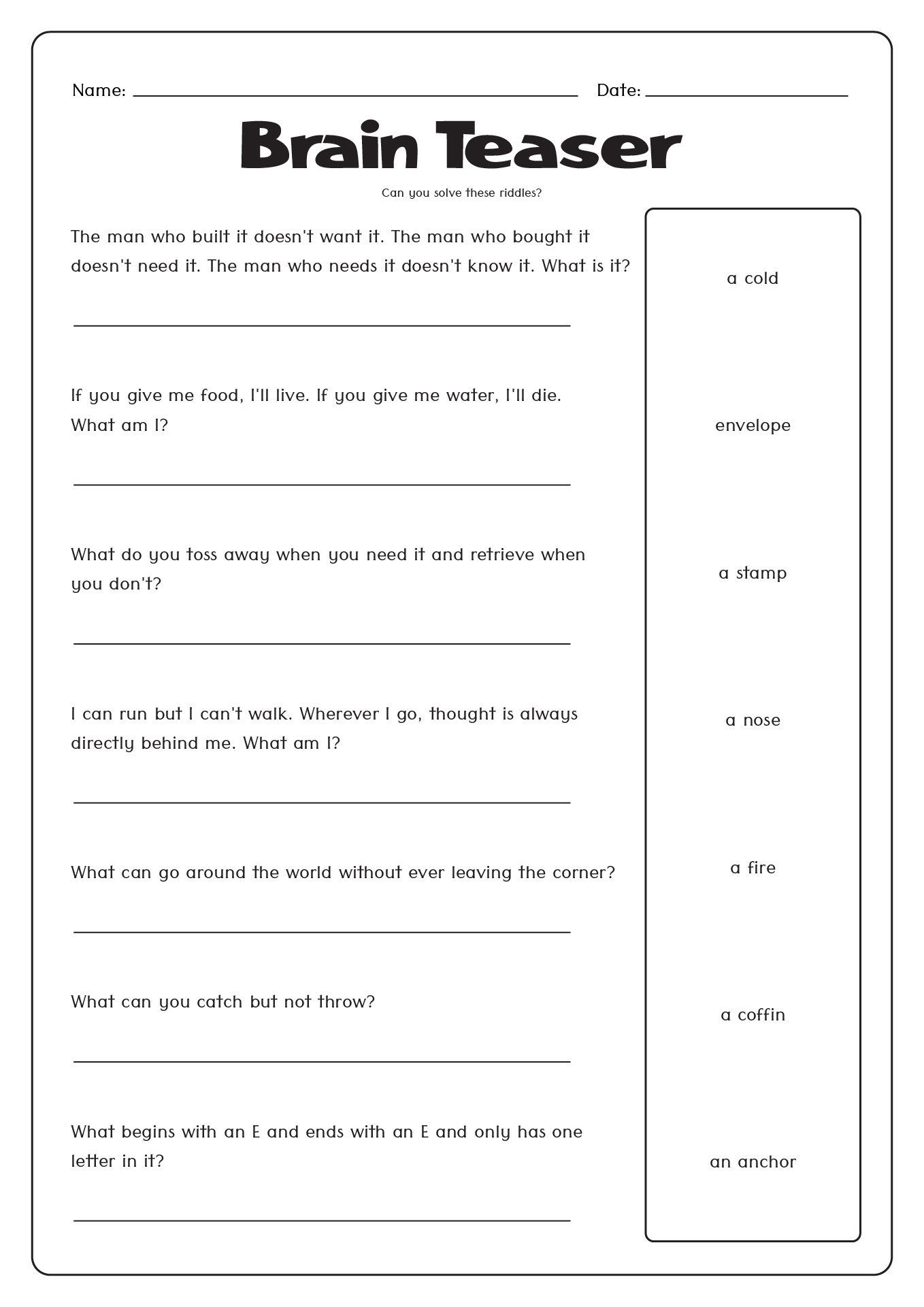 Free Printable Brain Teasers with Answers