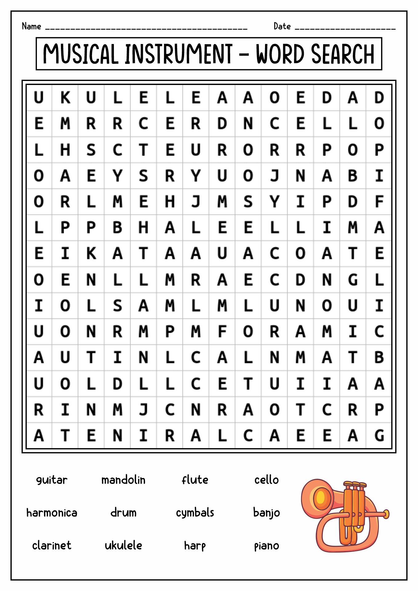 Musical Instruments Word Search Puzzle Image