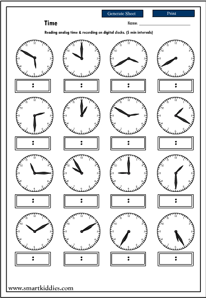 Printable Telling Time Worksheets 5 Minutes