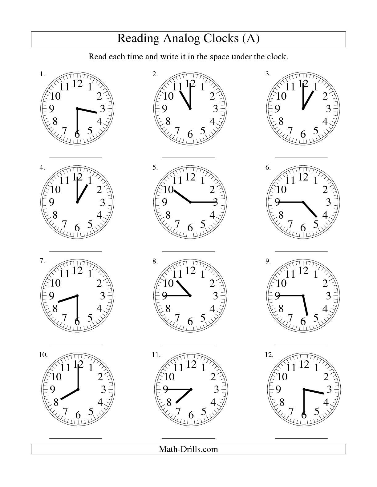 Reading Analog Clock Worksheets
