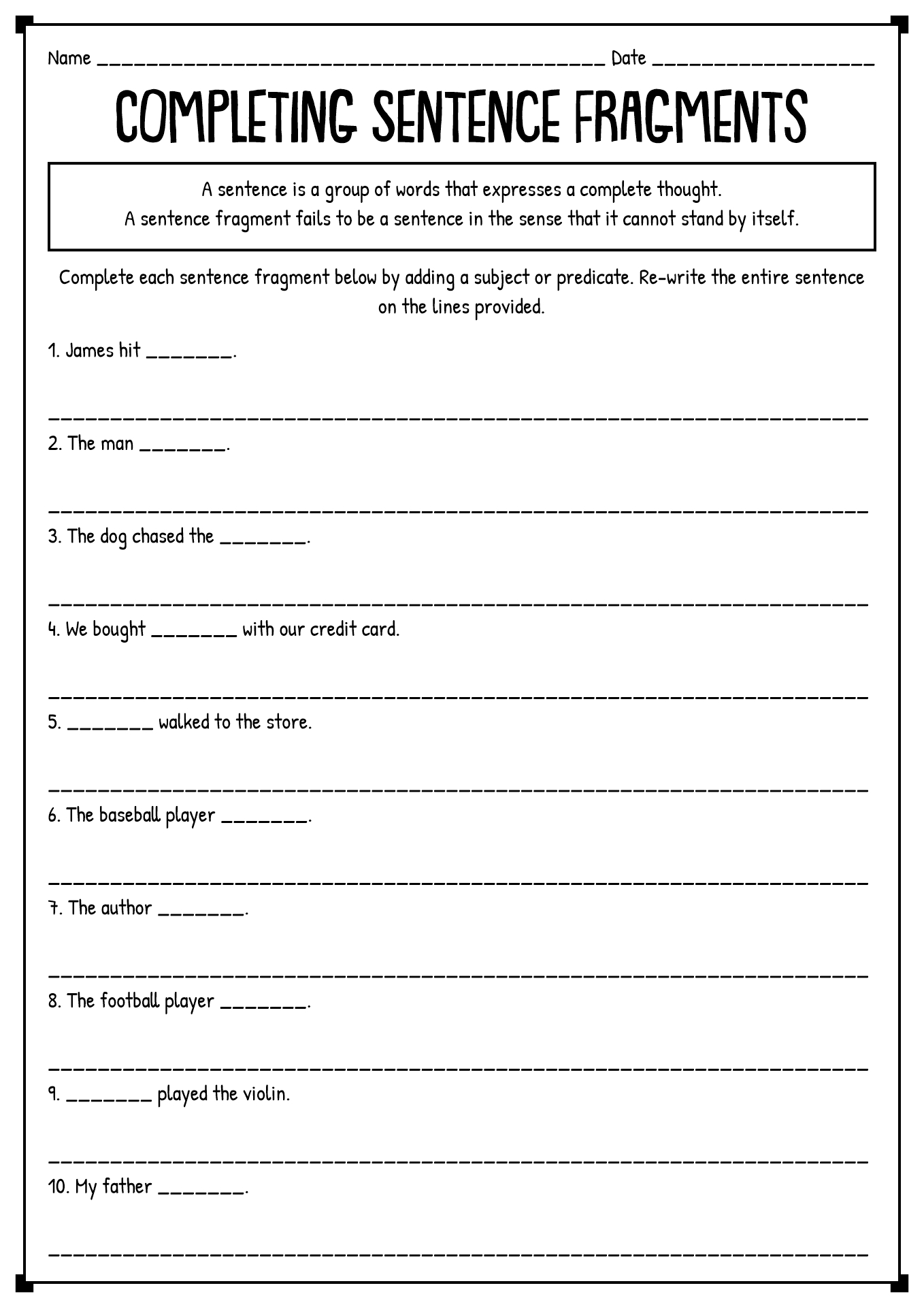 Sentence Fragments Worksheets Middle School
