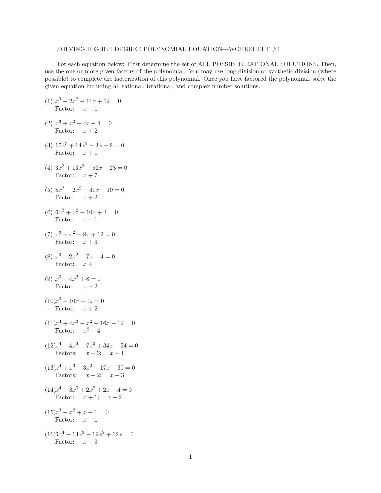 Solving Polynomials Worksheet Image