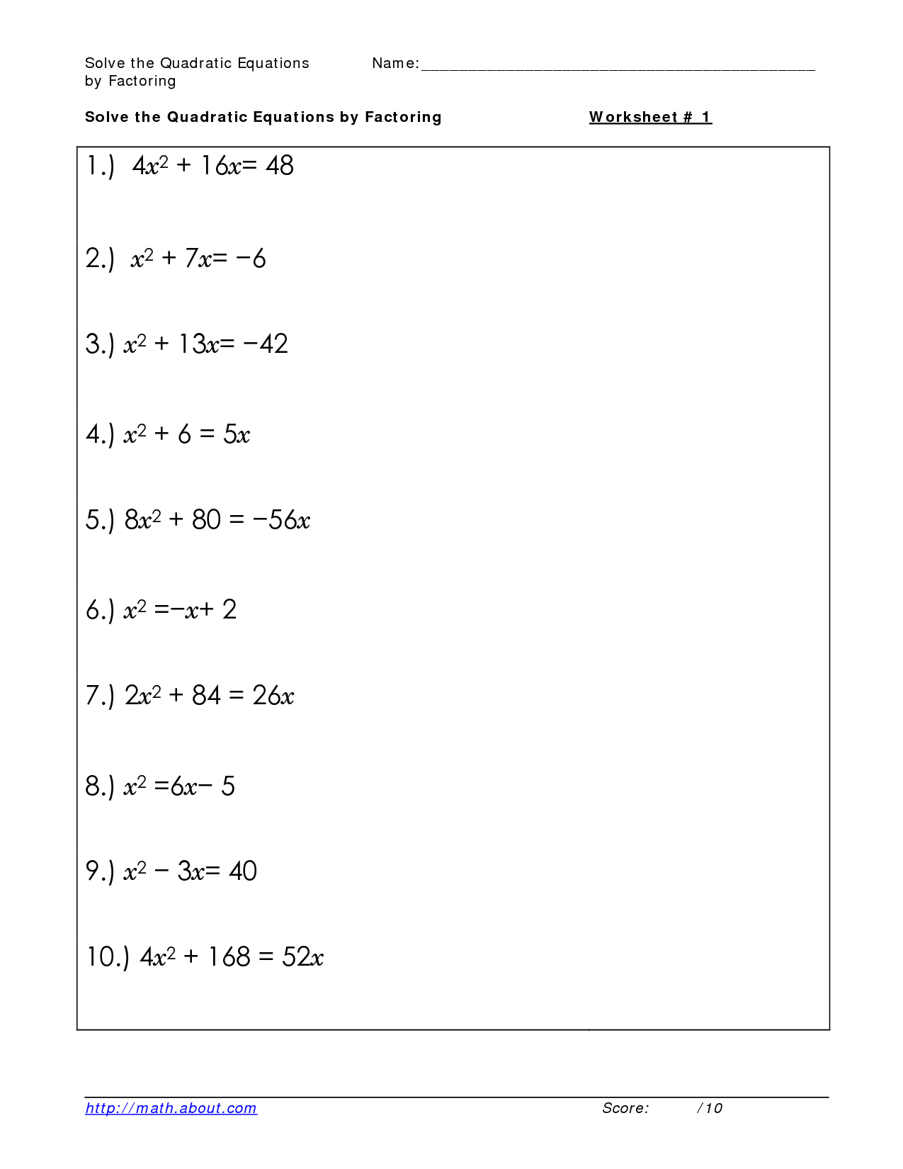 Solving Quadratic Equations by Factoring Worksheet Image