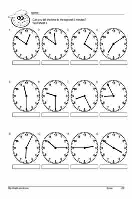 Telling Time Worksheets to Nearest 5 Minutes