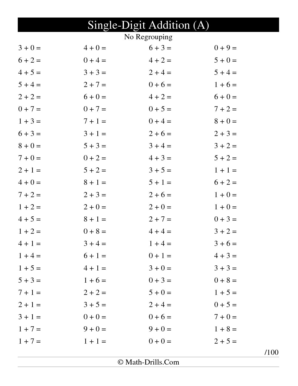 The Single Digit Horizontal 100 Addition Questions