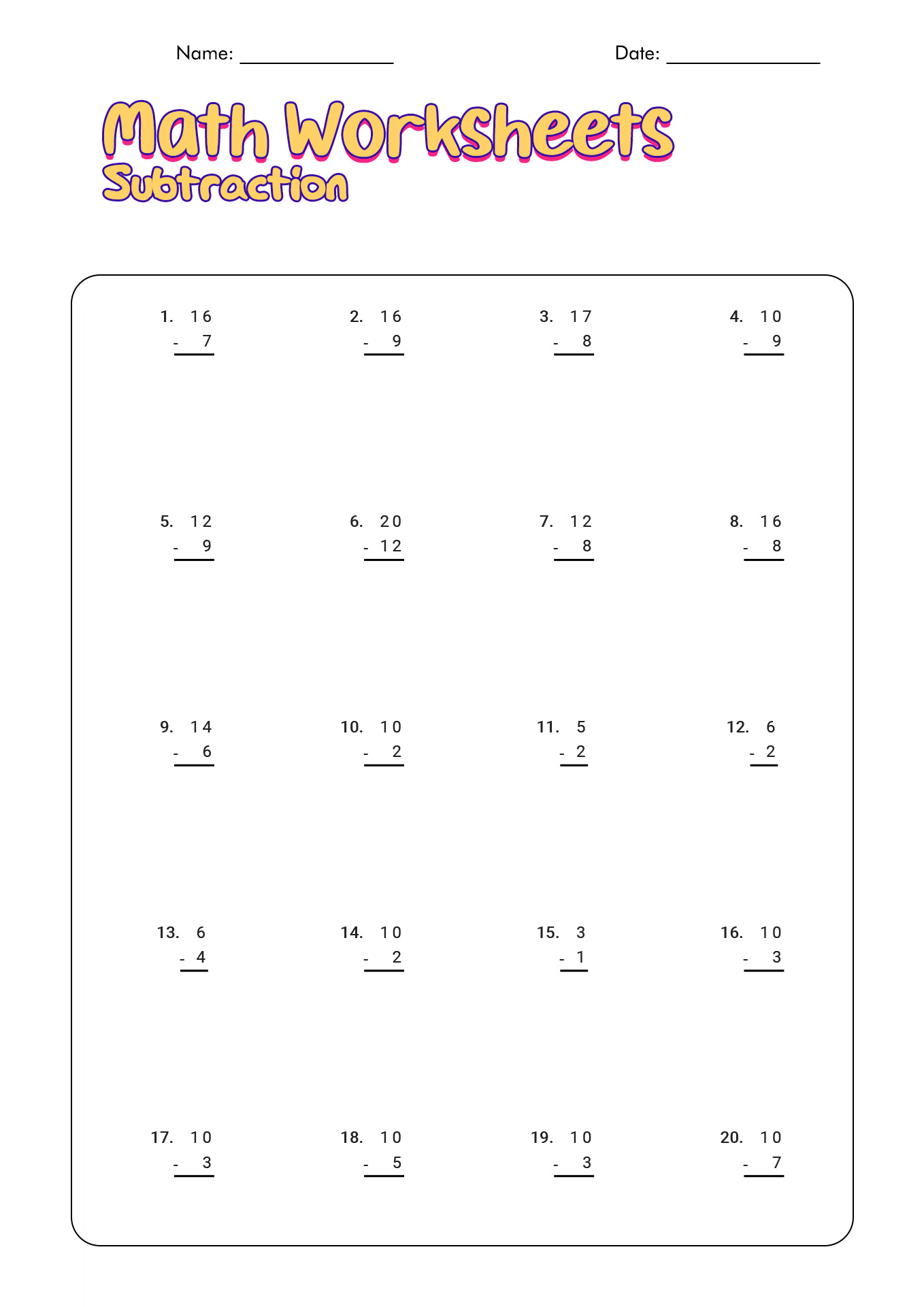 1st Grade Math Subtraction Worksheets