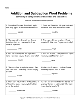 Addition and Subtraction Word Problems Worksheet Image