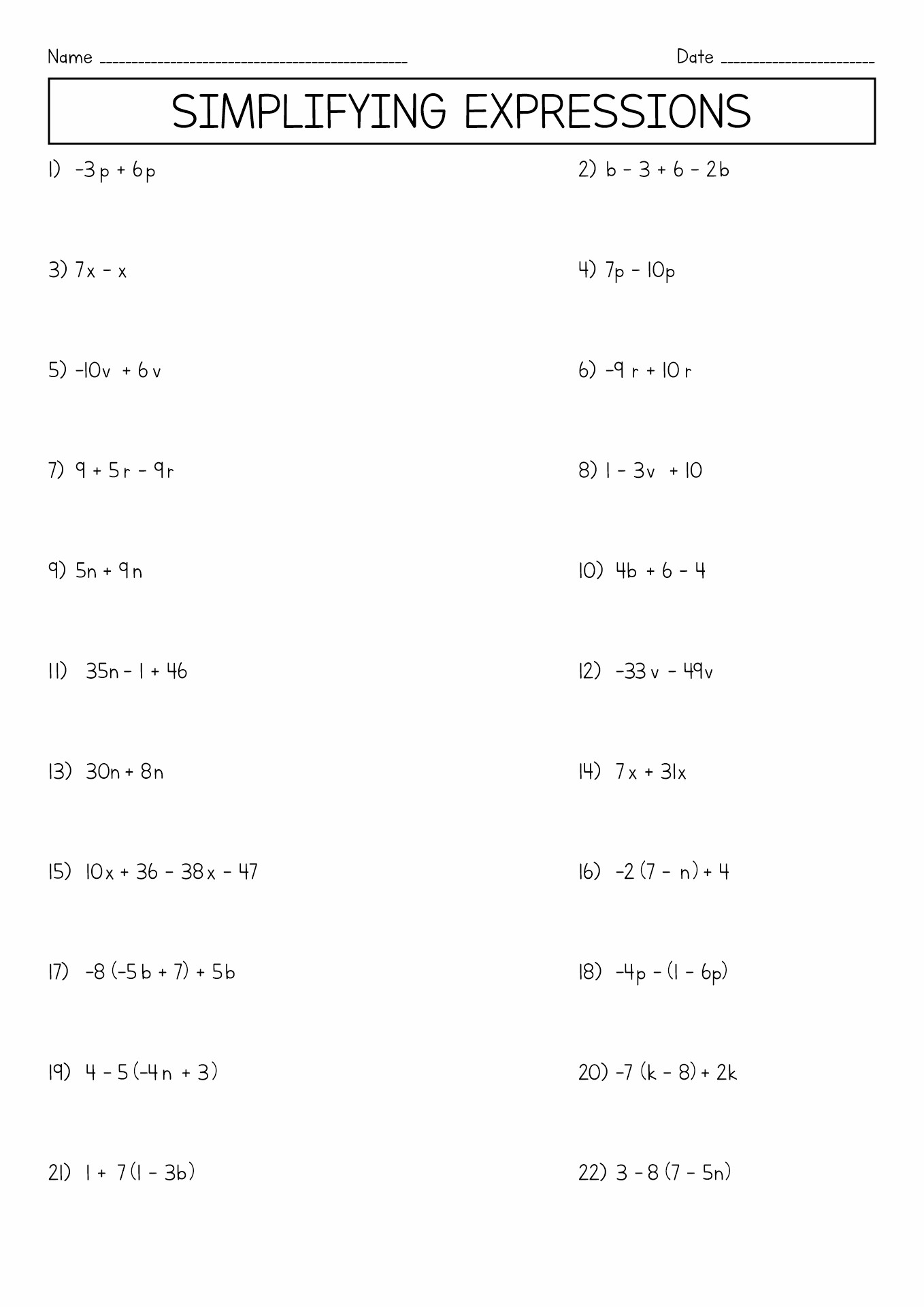 Algebraic Expressions Worksheets Image