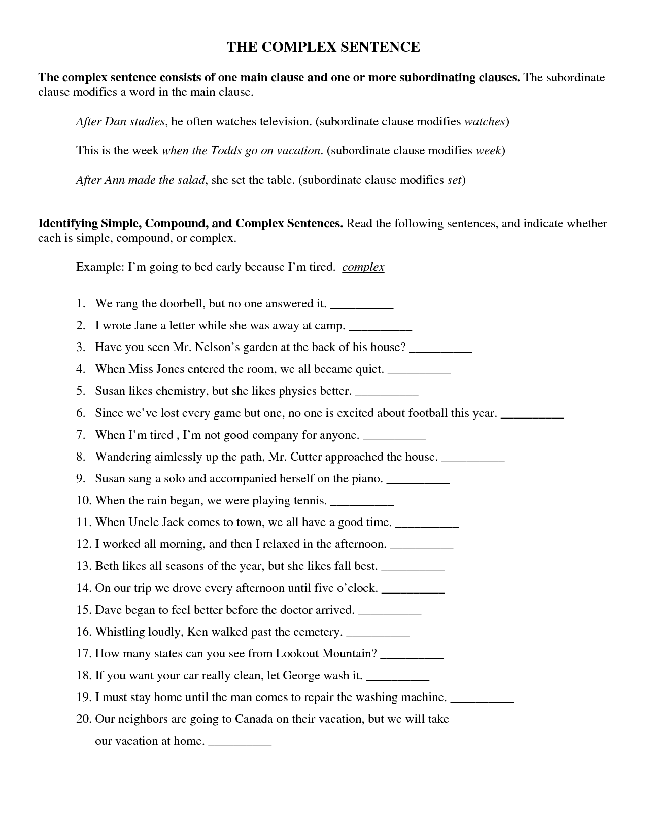 Compound Complex Sentence Worksheets