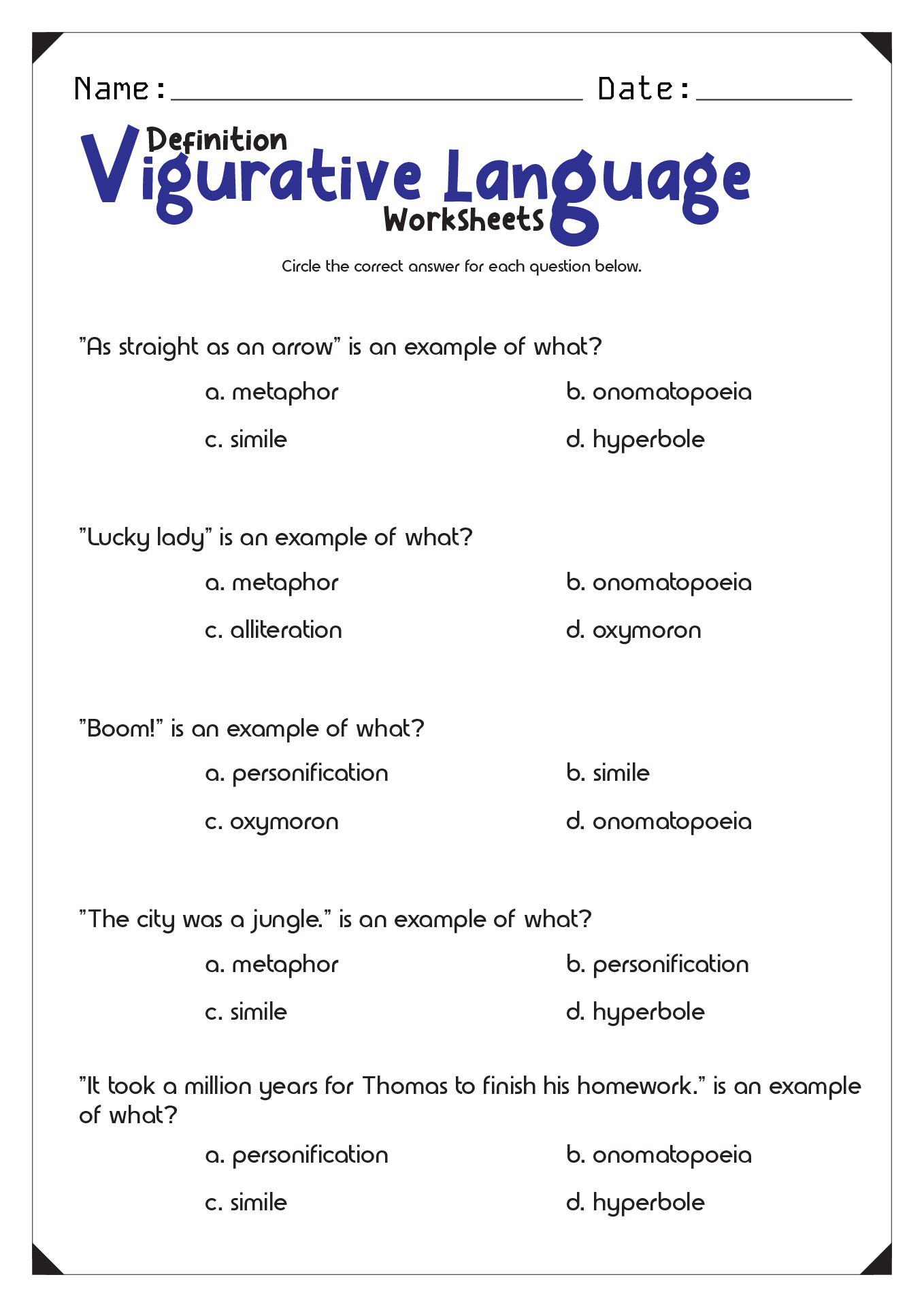 Definition Figurative Language Worksheets