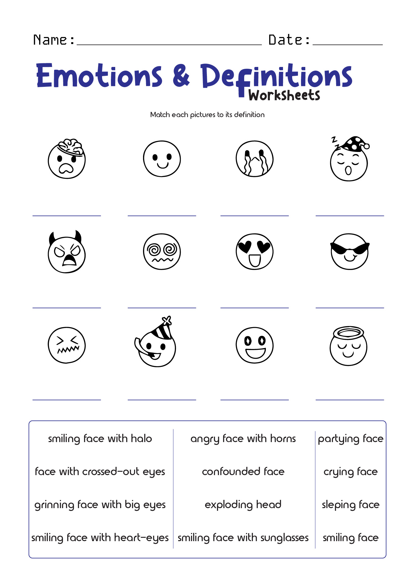 Emotions and Definitions Worksheet