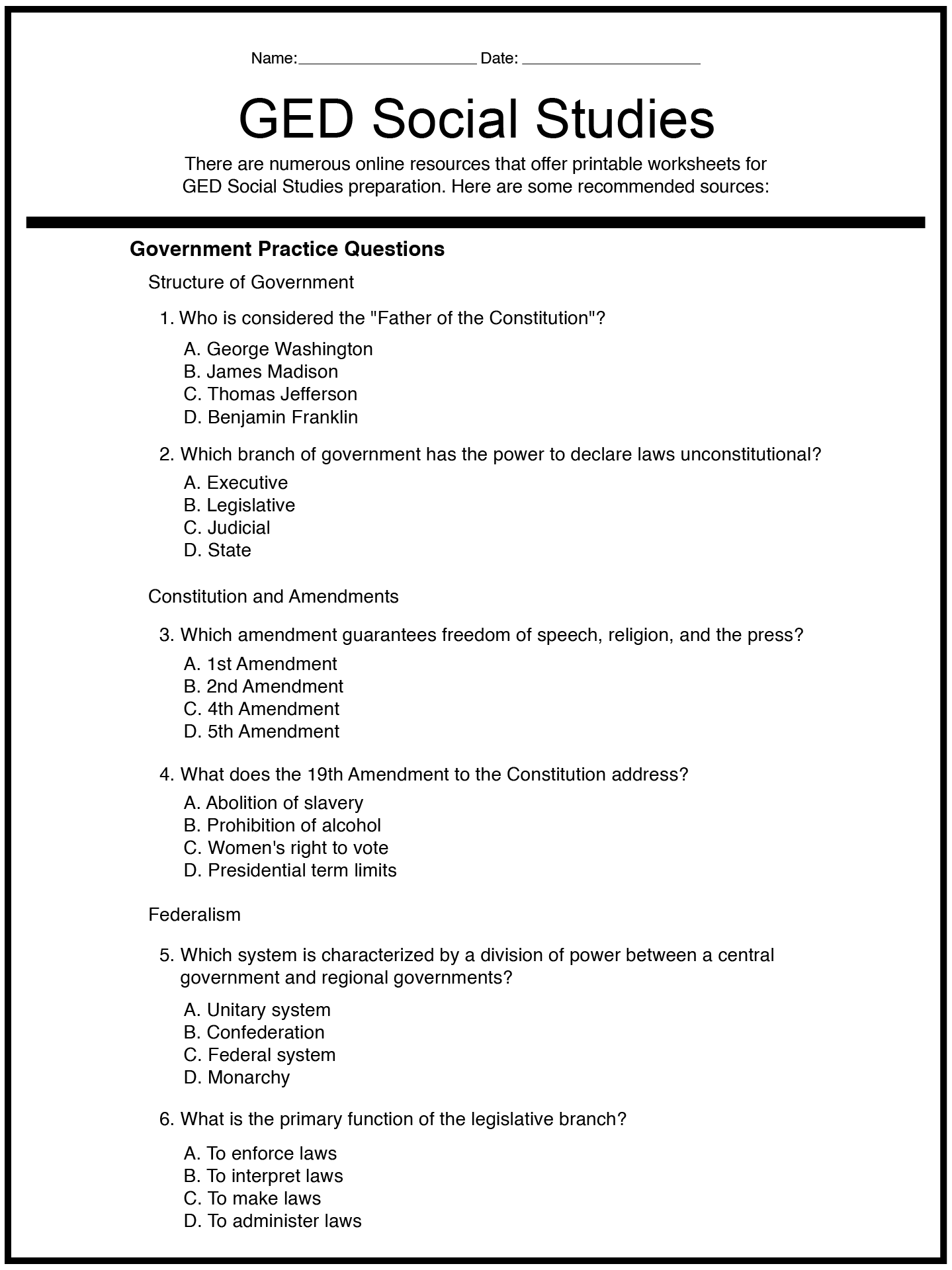 Free Printable Ged Social Studies Practice Test