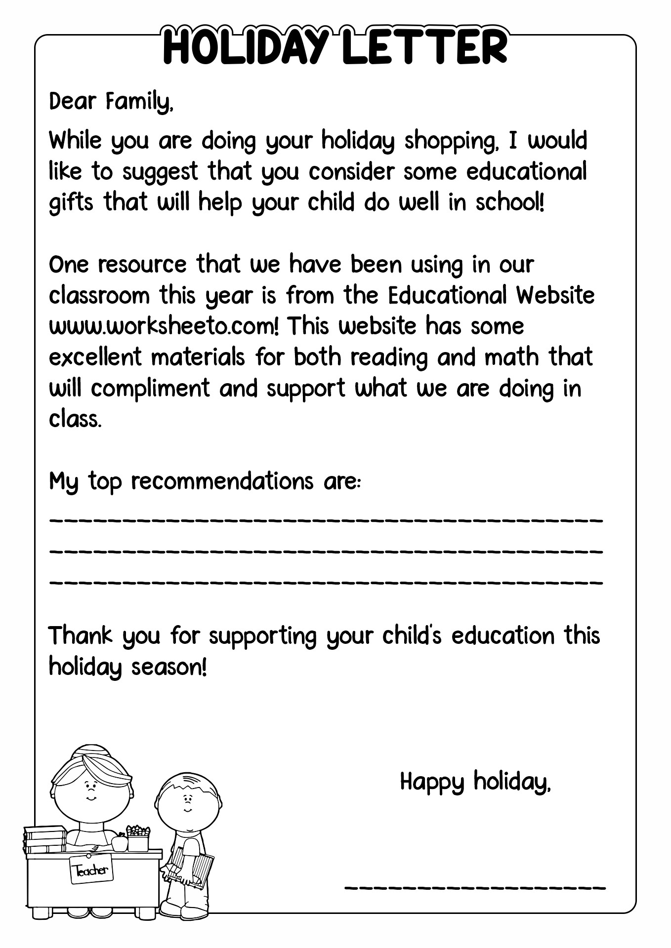 Holiday Letter to Parents From Teacher Image