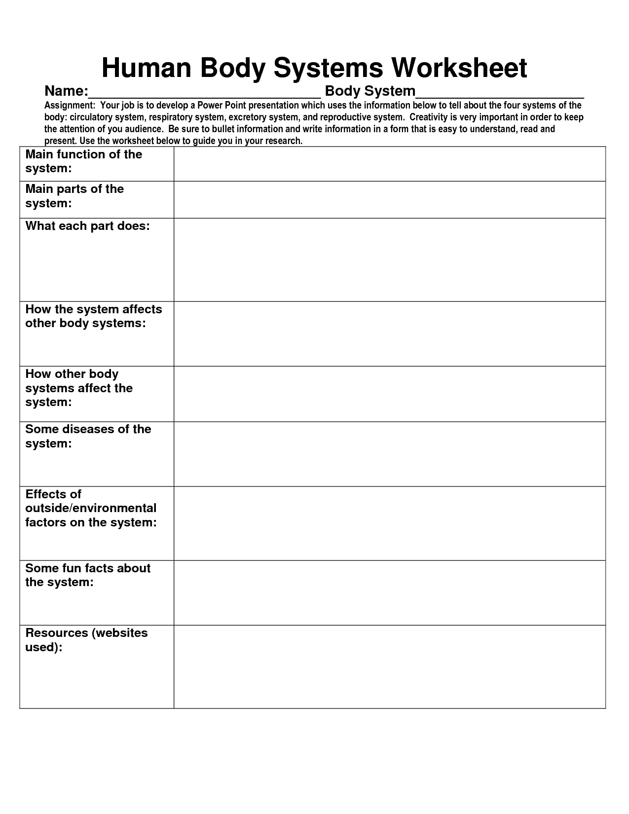 Human Body Systems Worksheets 5th Grade Image