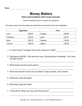 Money Word Problem Worksheets Image