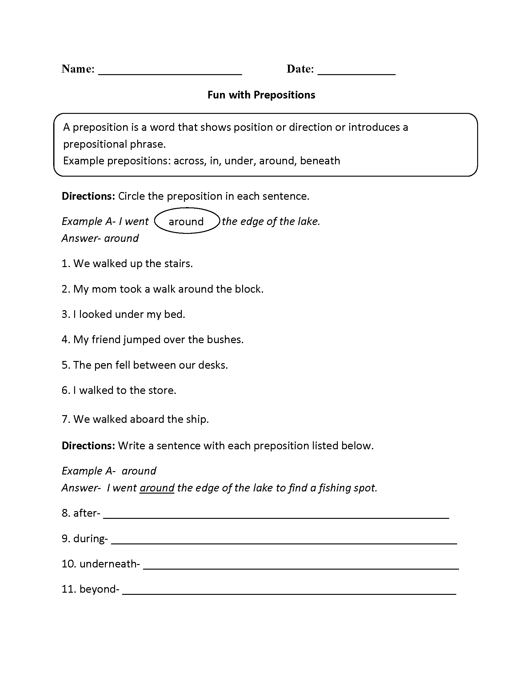Prepositional Phrases Worksheets Image
