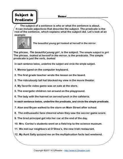 Subject and Predicate Worksheets 3rd Grade Image