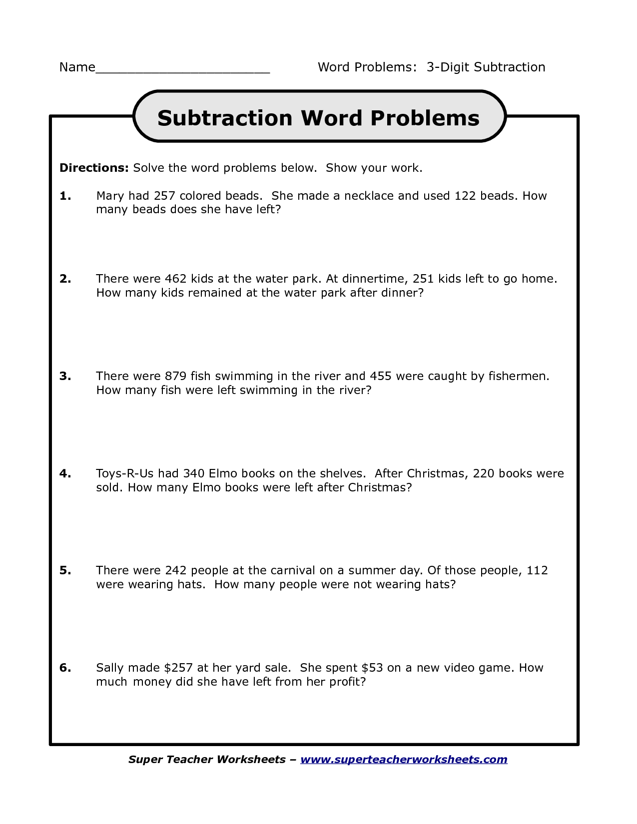 Subtraction Word Problems Worksheets Image