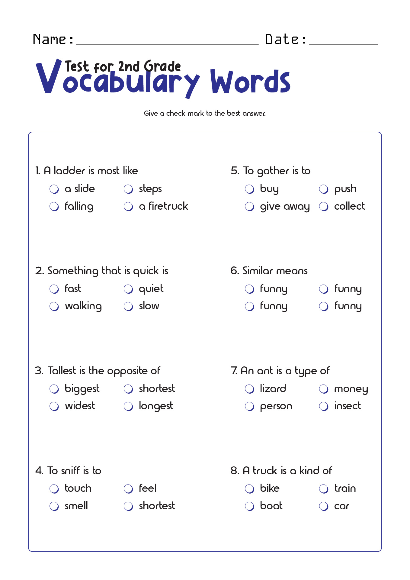 Test for 2nd Grade Vocabulary Words