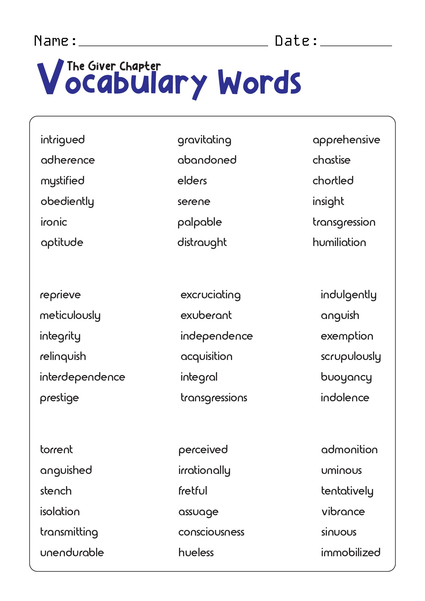 The Giver Chapter Vocabulary Words