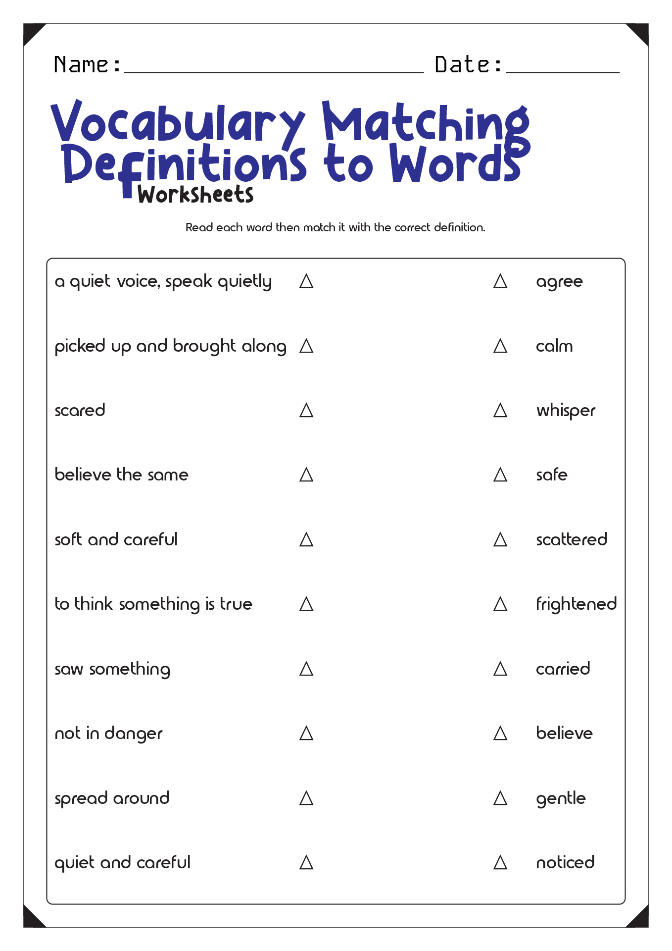 Vocabulary Matching Definitions to Words Worksheets