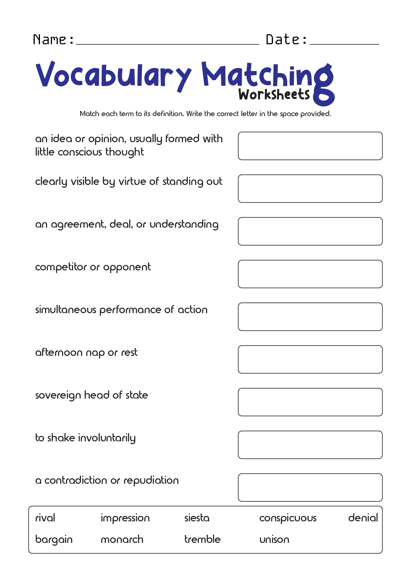 Vocabulary Matching Worksheets