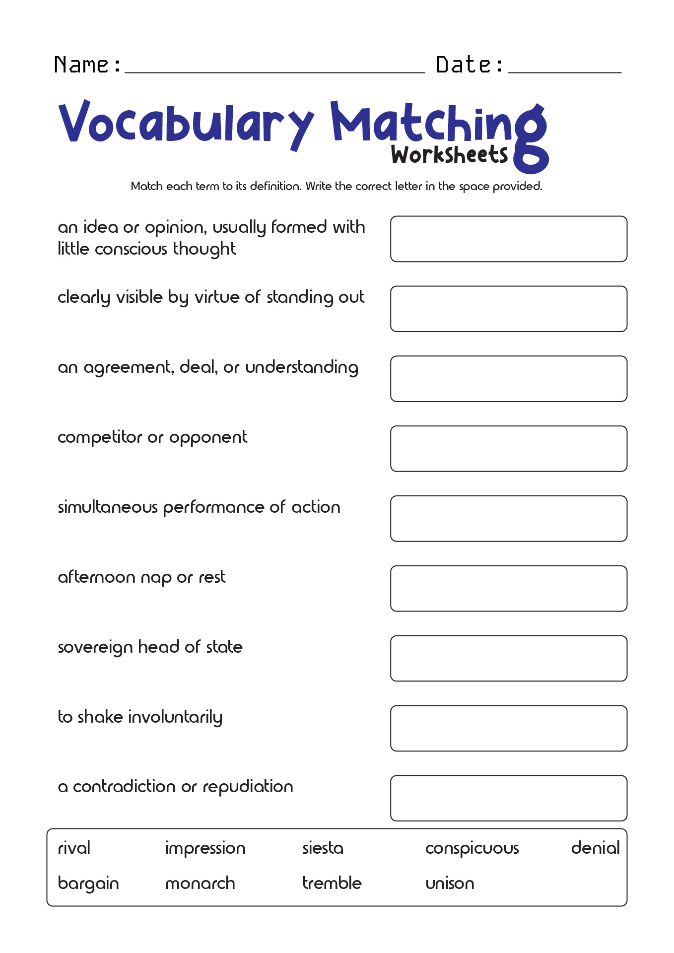 Matching Definitions To Words Worksheets Free Pdf At Worksheeto Com