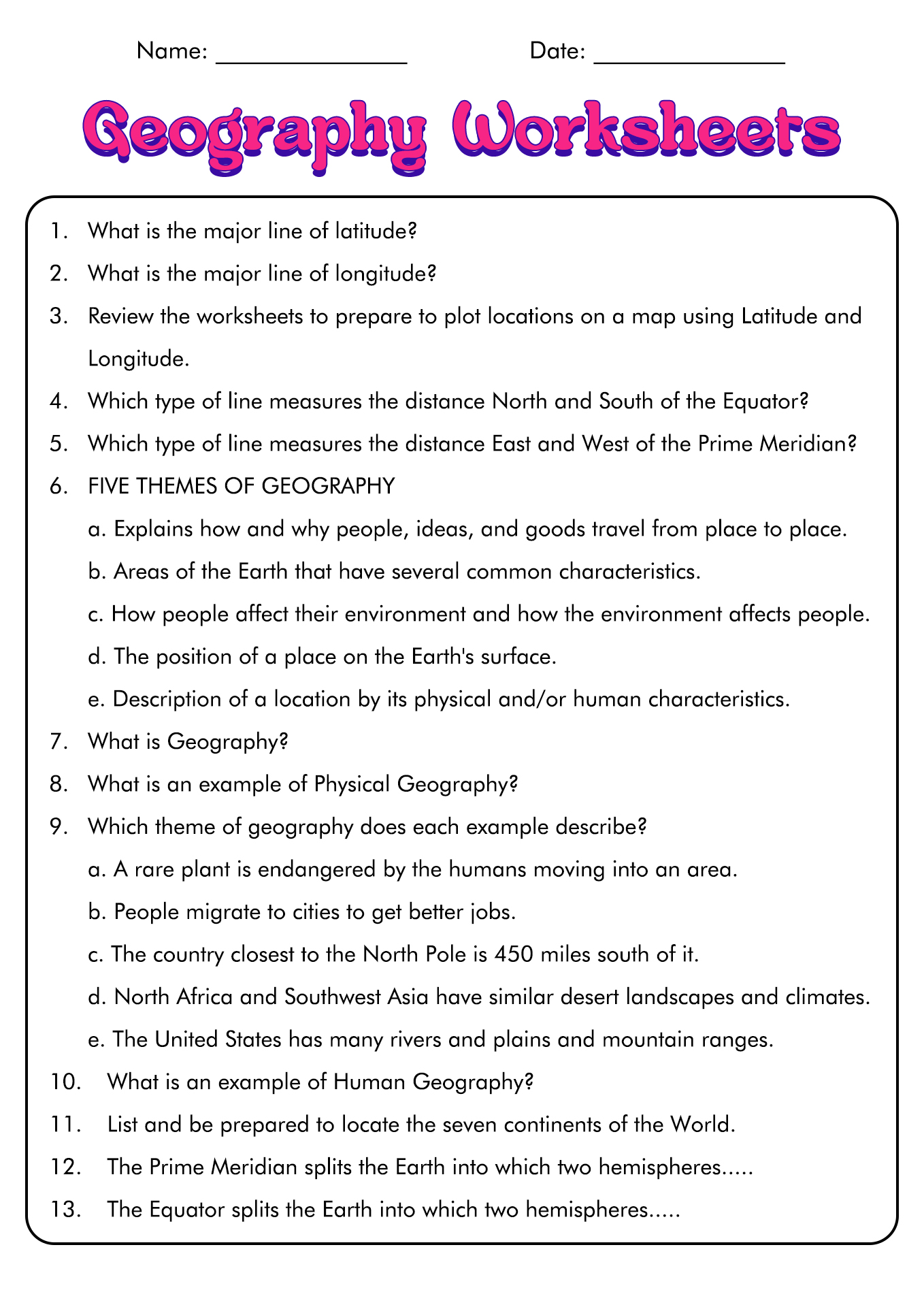 5 Themes of Geography Worksheets