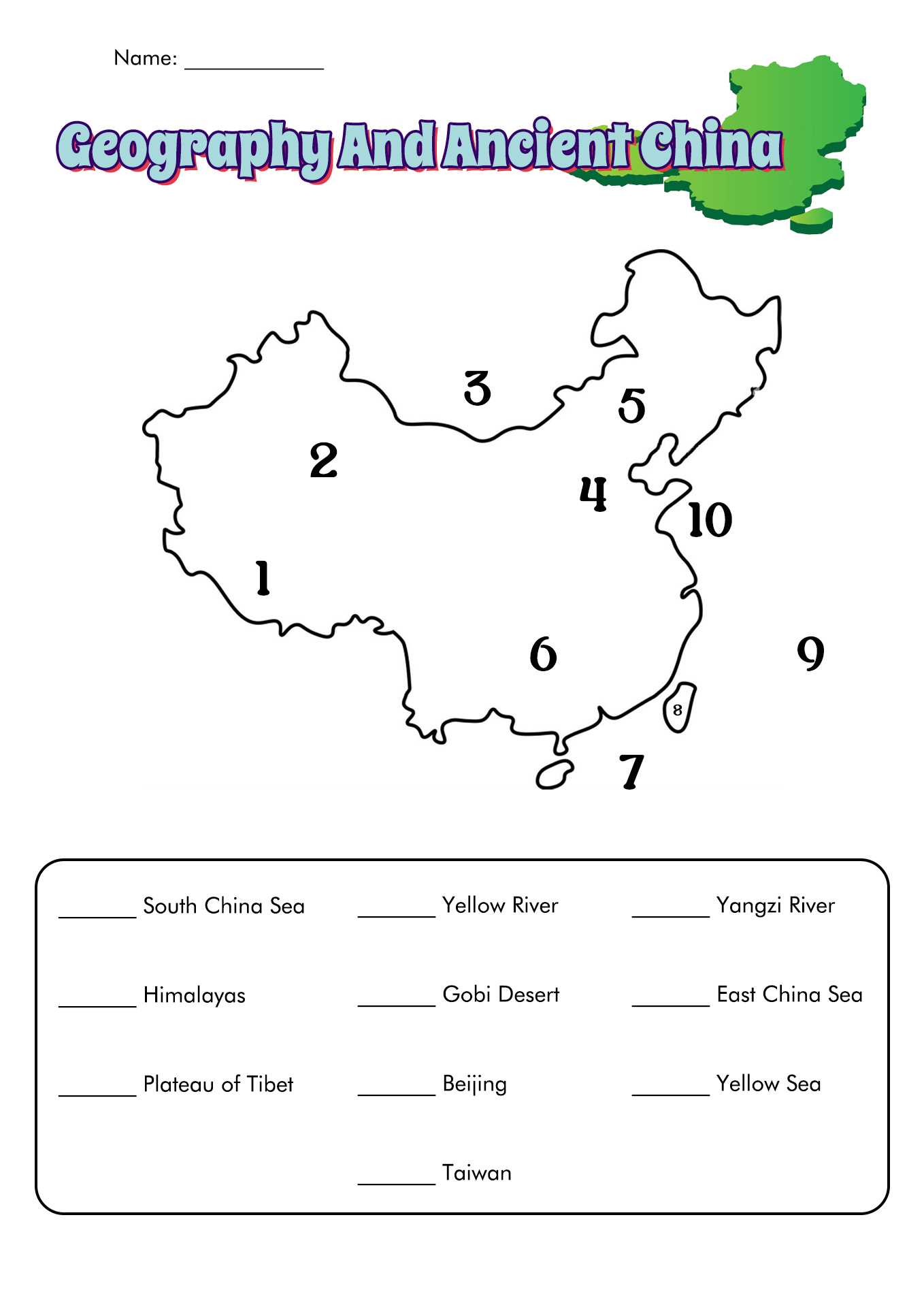 Ancient China Geography Worksheet