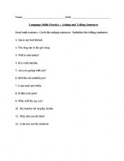 Asking and Telling Sentences Worksheet Kindergarten