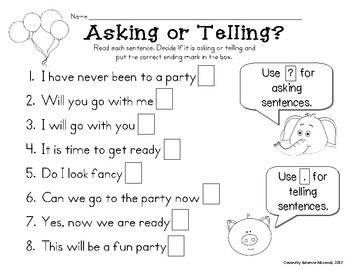 Asking and Telling Sentence Worksheets Image
