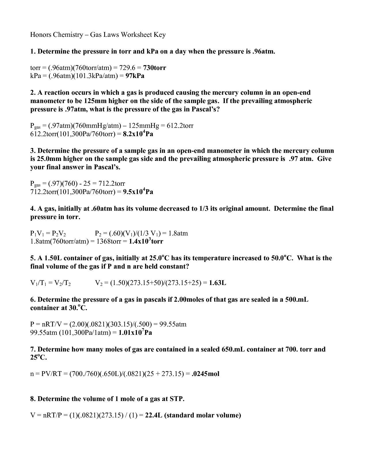Chemistry Gas Laws Worksheet Image