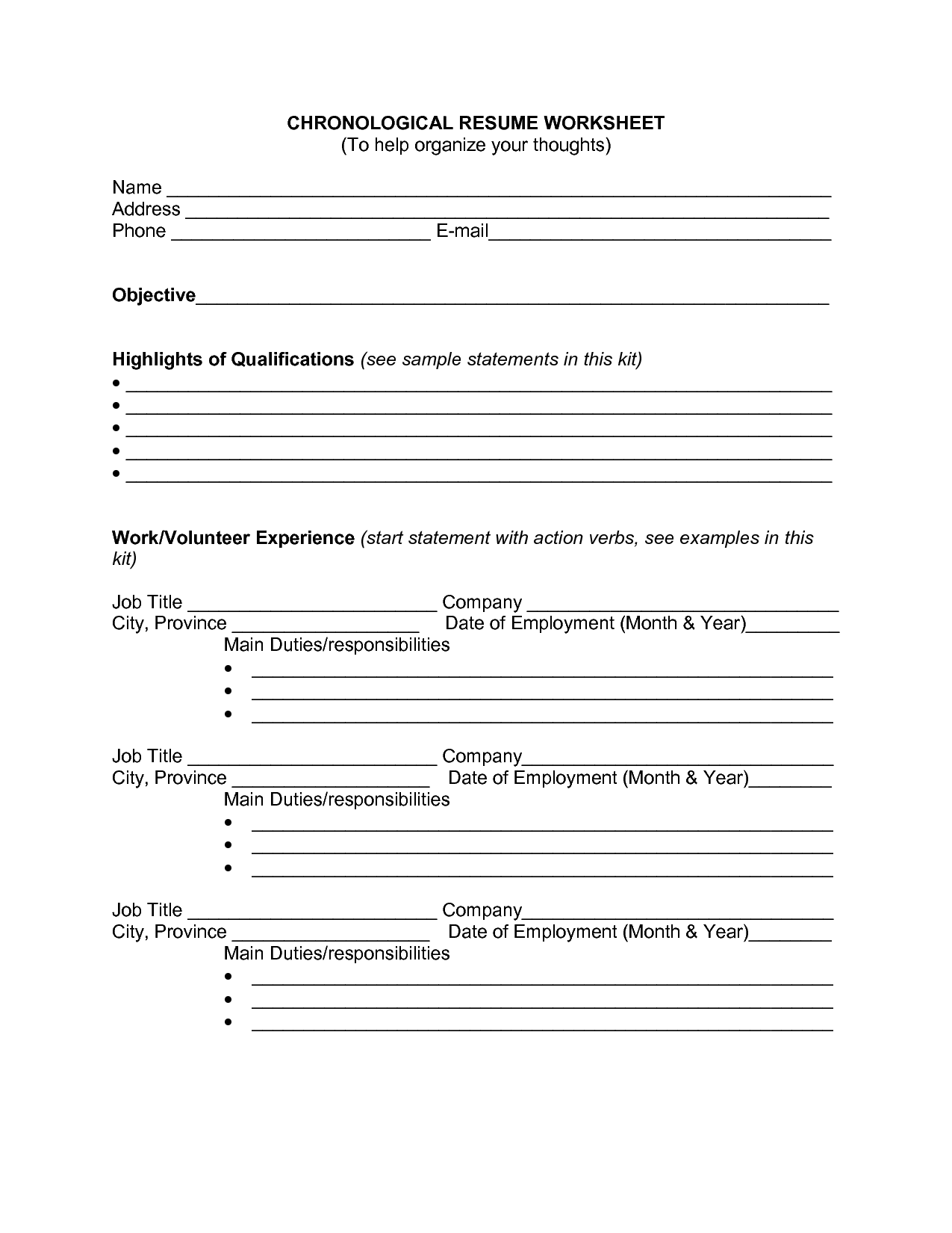 Chronological Resume Worksheet Image