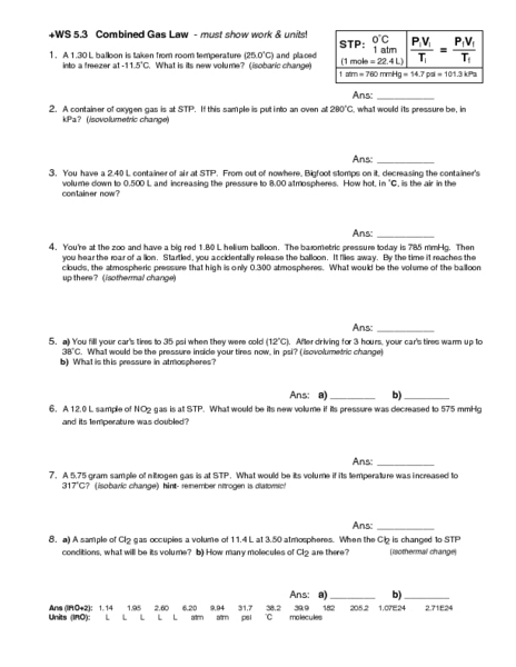 Combined Gas Law Worksheet Answer Key Image