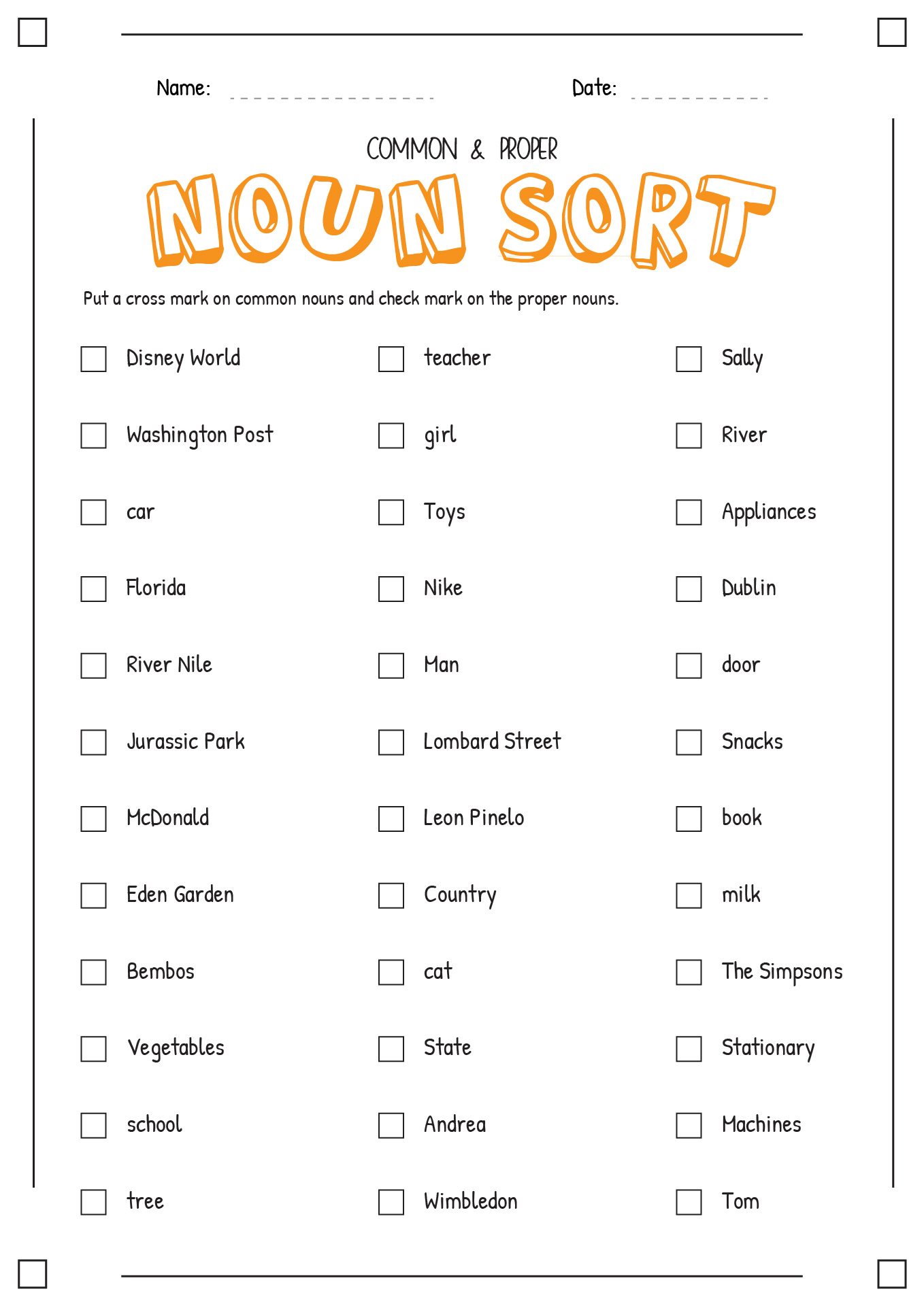 Common and Proper Noun Sort Worksheet